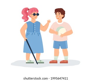 Blind girl is friends with child without health problems, cartoon vector illustration isolated on white background. Disabled handicapped child with healthy kid.