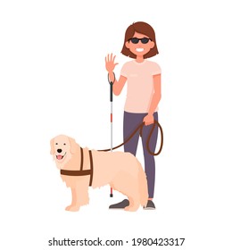 Blind Girl With A Guide Dog. Vector Isolated On Are White Background