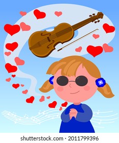 Blind girl with violin and melody, cartoon vector illustration