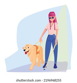 Blind Girl Walking With A Guide Dog. Vector Isolated On Are White Background.