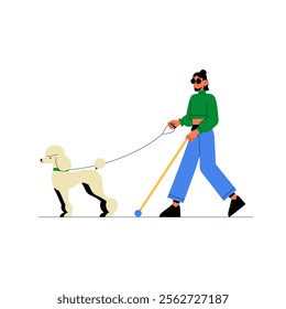 Blind Girl Walking A Guide Dog In Flat Vector Illustration Symbolizing Disability Awareness, Independence, And Accessibility, Isolated On White Background.