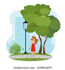 blind girl walks in a city park. vector illustration