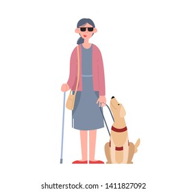 A blind girl wearing sunglasses with a seeing-eye dog. Disabled person.