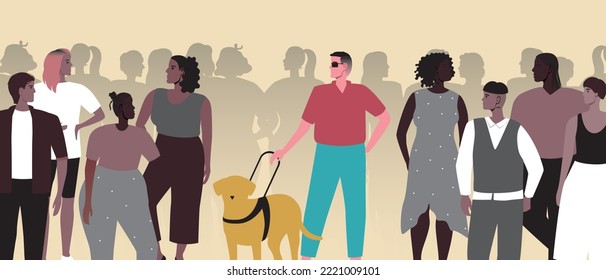 Ciegos con perro guía contra grupos de personas o multitudes, ilustración plana vectorial con problema de aislamiento social