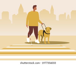 Blind with a guide dog. Flat vector stock illustration. Inclusive pet assistance. Guide dog labrador helps. A blind man with a disability in the city. Vector graphics