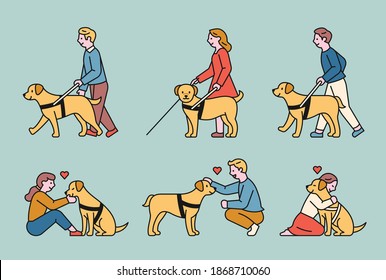 Un perro guía ciego y un ciego caminando con su ayuda. Están haciendo amistades entre ellos. estilo de diseño plano ilustración vectorial mínima.