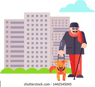 Blind guide man walk with best friend dog pet character or puppy illustration. Family helper with doggie animal isolated on white background. Dog-breeding people walking together in park outdoor