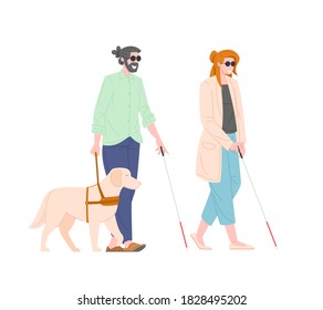 Blind guy and girl with guide dog isolated on white background. Stylish couple characters with blindness or visual impairment and service animal. Colorful vector illustration in flat cartoon style