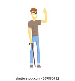 Blind Guy With Walking Stick, Young Person With Disability Overcoming The Injury Living Full Live Vector Illustration