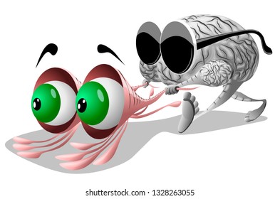 The blind human brain is walking, keeping for running eyes. Desires rule the man, vector illustration.