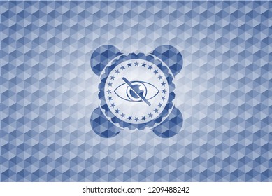 blind icon inside blue emblem or badge with abstract geometric polygonal pattern background.