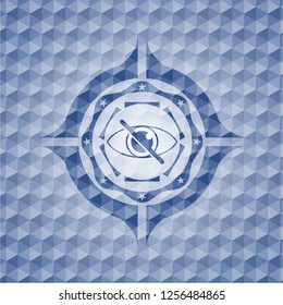 blind icon inside blue emblem or badge with abstract geometric pattern background.