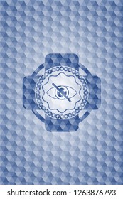 blind icon inside blue emblem with geometric background.