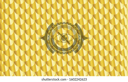 blind icon inside golden emblem or badge. Scales pattern. Vector Illustration. Detailed.