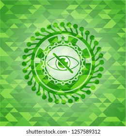 blind icon inside green emblem. Mosaic background