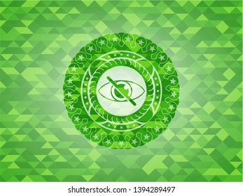 blind icon inside green emblem with mosaic background
