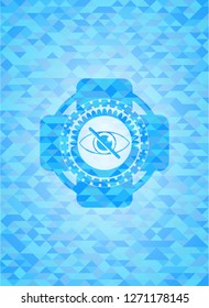 blind icon inside light blue emblem. Mosaic background