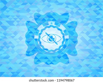 blind icon inside sky blue emblem with triangle mosaic background