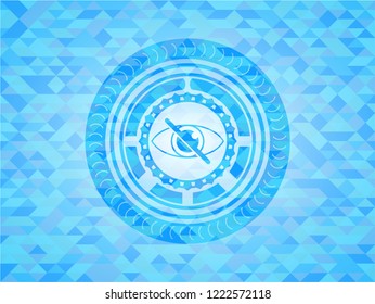 blind icon inside sky blue emblem with triangle mosaic background