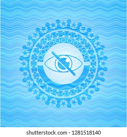 blind icon inside sky blue water style emblem.