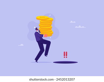 Blind investment concept, businessman carrying money stacks walk to business trap