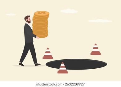 Conceito de investimento cego, empresário carregando pilhas de dinheiro caminha para a armadilha de negócios. Buraco de crédito, armadilha de negócios. Possível falha, erro causador de problemas. Má gestão financeira.