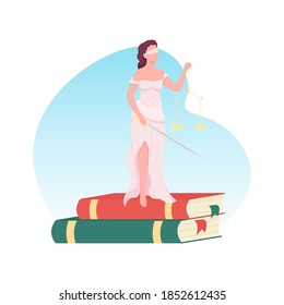 Blind justice woman 2D vector web banner, poster. Courthouse trial. Blindfold goddess. Femida with scales flat character on cartoon background. Law and judgement printable patch, colorful web element