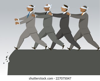 The blind leading the blind. Blindfolded businessmen following each other to the cliff svg