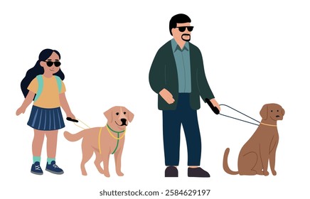 Blind little girl and man with theirs dog guide walking outside