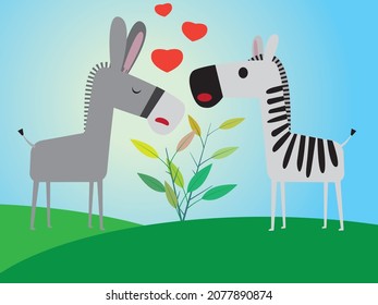 Blind Love, Donkey Zebra In Love, Animal Love. Animals In Landscape, Sarcastic Cartoon