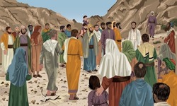 Blind Man Being Brought To Jesus As Crowd Watches On.  Biblical Illustration Showing Luke 18:35-43