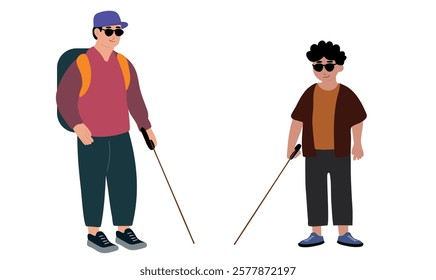 Blind man and blind boy with his stick guide walking outside