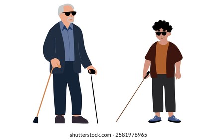 Blind man and blind boy with his stick guide walking outside