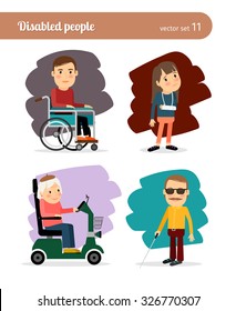 Blind man, broken arm, and people on wheelchair. Ill people characters