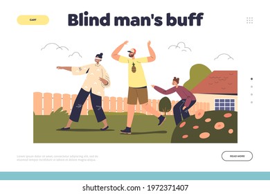 Blind man buff concept of landing page with happy family active leisure activity outdoors: parents and kid play blindfolded on backyard together. Cartoon flat vector illustration