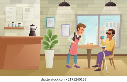 Ciego con café con caña bebiendo café en el café con simpática ilustración vectorial de la caricatura del camarero