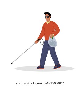 Blind man with a cane in flat style on a white background. A blind man leads an active life. Health care concept. A blind man goes shopping.	
