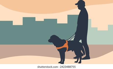 Blind man with a cane, guide dog, flat color illustration