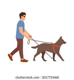 Blind Man With Cane And Guide Dog.Disabled Male With Blindness.Walking With Seeing Eye Dog. Vector Illustration Isolated On White Background. 