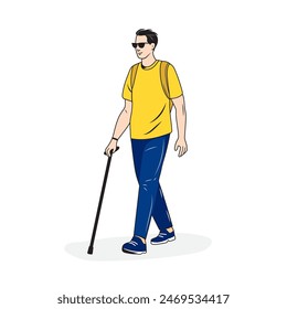 Blind man with a cane and sunglasses walking down the street. Walking disabled man. Visual disability, eye disease. Vector illustration drawn by hand. Can be used in web design, social networks