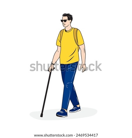 Blind man with a cane and sunglasses walking down the street. Walking disabled man. Visual disability, eye disease. Vector illustration drawn by hand. Can be used in web design, social networks
