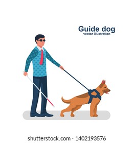 Blind man character with guide dog. Person with pet companion. Human with a white cane on street. Vector illustration flat design. Isolated on white background.