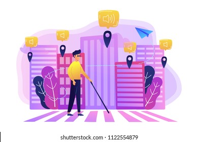 A blind man crossing the street with smart tags and voice notifications around. Barrier-free convenient environment as IoT and smart city concept, violet palette. Vector illustration on background.