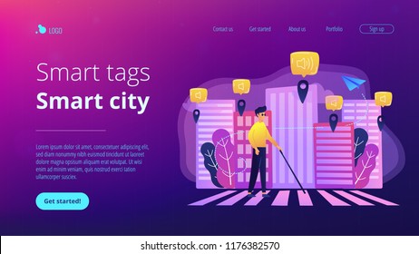 A blind man crossing the street with smart tags and voice notifications around. Barrier-free convenient environment as IoT and smart city concept, violet palette. Website landing web page template.