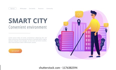 Un ciego cruza la calle con etiquetas inteligentes y notificaciones de voz. Ambiente cómodo sin barreras como IoT y concepto de ciudad inteligente, paleta violeta. Plantilla de página web de inicio del sitio web.