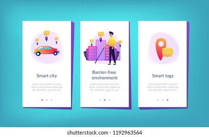 A blind man crossing the street with smart tags and voice notifications around. Barrier-free convenient environment as IoT and smart city concept, violet palette. UI UX GUI app interface template.