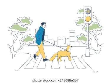 Ciego con perro. Joven con discapacidad cruza la calle en el cruce peatonal. El perro guía ayuda al hombre a viajar por la ciudad. Ilustración vectorial lineal aislada sobre fondo blanco