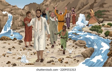 El hombre ciego que sigue a Jesús y glorifica a Dios después de recibir su vista mientras la multitud alaba a Dios y las aguas se desataban en el desierto.  Ilustración bíblica que muestra Lucas 18:35-43 con Isaías 35:5-7.