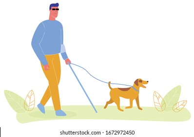 Blind Man in Glasses Walk with Cane Vector Illustration. Service Dog on Leash, Guide Assistance. Trained Animal Help, Blindness Support. Disabled Rehabilitation. Handicacapped Accessibility