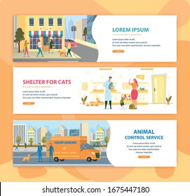 Blind Man in Glasses is Walking with Stick and Dog Guide Flat Cartoon Banners Vector Illustration. Shelter for Cats, Happy Boy Jumping. Animal Control Service Car and Workers Catching Pet.
